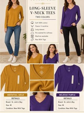 St. John's Bay V-Neck Long-Sleeve Tee — Medieval Gold & Melrose Purple